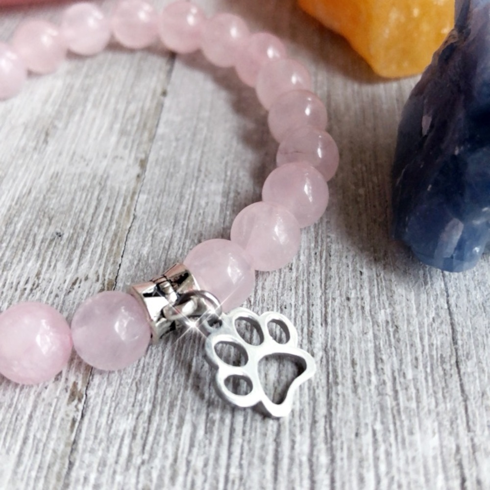 Rose Quartz bracelet with Paw charm